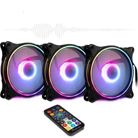 ARGUS Gamer hűtő ventilátor szett, 3 tűs, 120mm, RGB, távirányítóval, Hangkövetéssel - 3 darabos kiszerelés, fekete