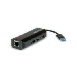 ROLINE Adapter USB 3.2 Gen 1 USB-A - RJ45 Gigabit Ethernet 10/100/1000 Mbit/s, 3x USB-A Hub, fekete