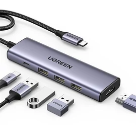 UGREEN Dokkoló állomás 5 az 1-ben, 4K@30Hz, USB HUB, HDMI 1.4, 3x USB-A 3.0, USB-C, 100W, szürke