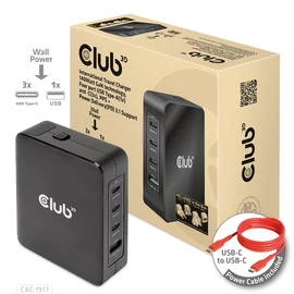 Club 3D Hálózati Adapter - CAC-1917 (140W GaN, 3x USB-C, 1x USB-A, PD3.1, 4 csatlakozó)