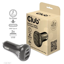 Club 3D Autós Töltő - CAC-1921 (36W, 2x USB-A, 1x USB-C, 12-24V, QC3.0)