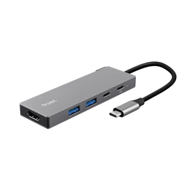Trust Kábel Átalakító - Dalyx 5in1 Multiport USB-C (szürke, aluminium, USB-C apa / HDMI+Type-C+USB3.2 anya)
