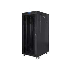 Lanberg FF01-6827-12BL 19 27U SZÉL:600mm MÉLY:800mm MAG:1431mm lapraszerelt LCD üvegajtós fekete álló rack szekrény