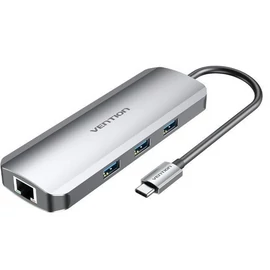 Vention USB-C -> HDMI/USB3.0x3/RJ45/SD/TF/PD (0,15m Szürke Aluminum Ötvözet), Dokkoló