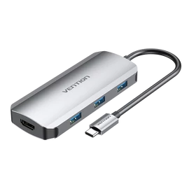 Vention USB-C -> HDMI/USB 3.0x3/PD (0,15m Szürke Aluminum Ötvözet), Dokkoló