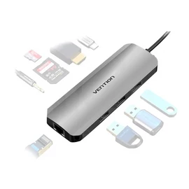 Vention USB-C -> HDMI/USB3.0x3/RJ45/SD/TF/TRRS 3.5mm/PD (0,15m Szürke Aluminum Ötvözet), Dokkoló