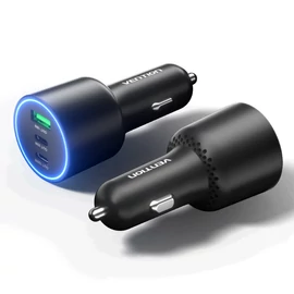 Vention USB-A+C*2 (3port,100/30/18W, fekete,szivargyújtós), töltő