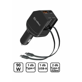 Autós töltő 2 db beépített kábellel gyorstöltéssel 90W,Fekete