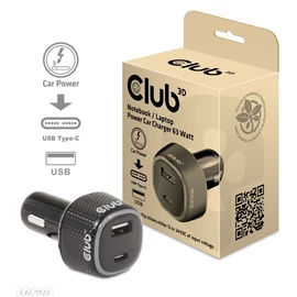 Club3D 63W Notebook/Laptop Power Car Charger Black töltő