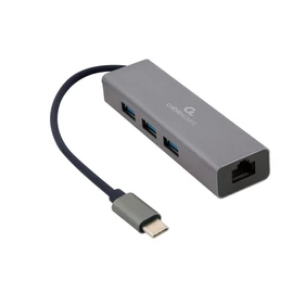 Gembird USB-C Gigabit network adapter with 3-port USB 3.1 hub Grey hálókártya