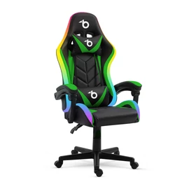 RGB LED-es gamer szék, karfával, párnával, fekete / zöld
