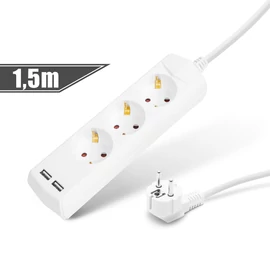 Elosztó 3-as, 3 x 1,5 mm2, 1,5 m, 2 x USB-vel