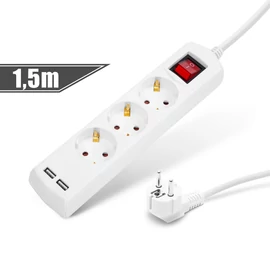 Elosztó 3-as, 3 x 1,5 mm, 1,5 m, 2 x USB-vel, kapcsolós