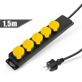Kültéri elosztó fedéllel, 1,5 m, 5 x 230V, 3 x 1,5 mm2, gumi , IP44