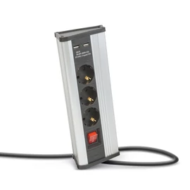 Sarokelosztó, kapcsolós, 3 x 250V, 16A, 2 x USB, 2,1A, alumínium ház