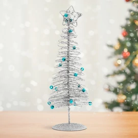 Karácsonyi, glitteres, fém karácsonyfa, 28 cm, ezüst