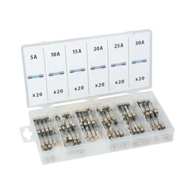 Üveg biztosíték készlet tárolódobozban, 120 db, 5-30A