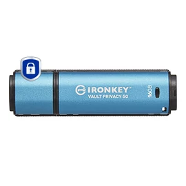 Kingston Technology IronKey Vault Privacy 50 USB flash meghajtó 16 GB USB A típus 3.2 Gen 1 (3.1 Gen 1) Fekete, Kék