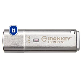 Kingston Technology IronKey Locker+ 50 USB flash meghajtó 64 GB USB A típus 3.2 Gen 1 (3.1 Gen 1) Ezüst