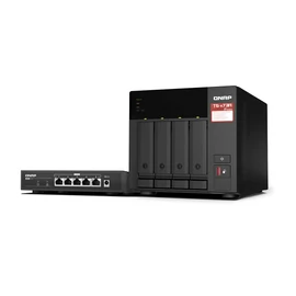 QNAP TS-473A + QSW-1105-5T Bundle Pack NAS Tower Ryzen Embedded V1500B 8 GB DDR4 0 TB QNAP Turbo System Fekete