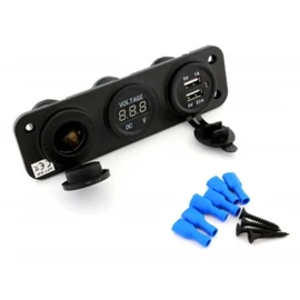 AUTO054 szivargyújtó aljzat, beépíthető panel, 2*USB töltővel, feszültség mérővel
