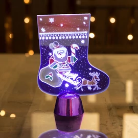 Karácsonyi asztali LED dekor - fényes talppal - csizma - lila - 15 cm 