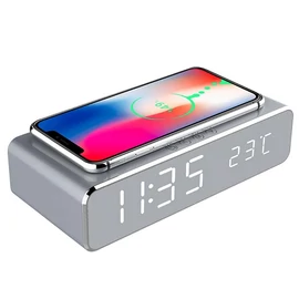 IRIS DC-120-S-Qi 15W Qi vezeték nélküli töltővel, hőmérséklet kijelzéssel, ébresztő funkcióval ezüst digitális óra