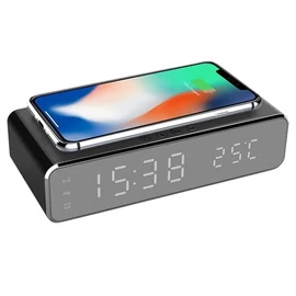 IRIS DC-120-B-Qi 15W Qi vezeték nélküli töltővel, hőmérséklet kijelzéssel, ébresztő funkcióval fekete digitális óra