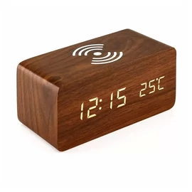 IRIS DC-100-OF-Qi 15W Qi vezeték nélküli töltővel, hangvezérlés barna digitális óra