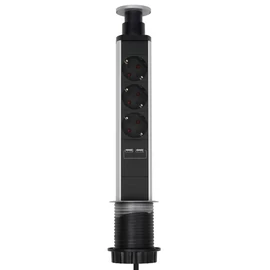 Home NVE 3/USB süllyesztett elosztó USB töltőaljzatokkal, 1,4 m, 3 földelt aljzat gyermekvédelemmel, asztalba, munkalapba építhető, süllyeszthető, max. 3680 W