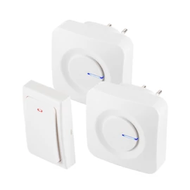 HOME DBKS1001AC vezeték és elem nélküli csengő készlet, 1x nyomógomb + 2x csengő, 100m hatótáv, 36 dallam, szabályozható hangerő, IP44, fényjelzés, kinetikus nyomógomb