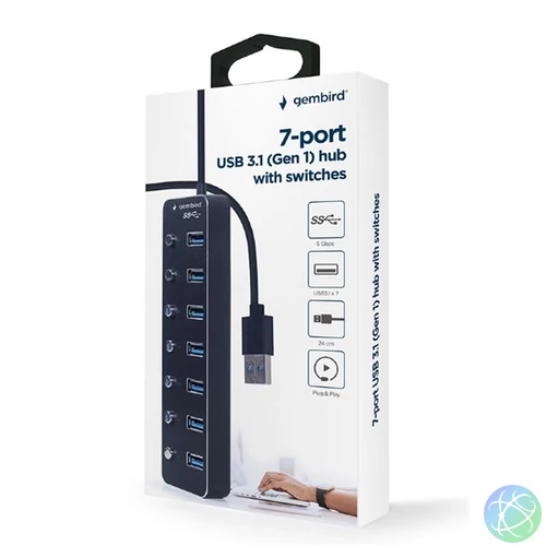 GEMBIRD USB 3.1 HUB Switchelhető 7 portos, fekete