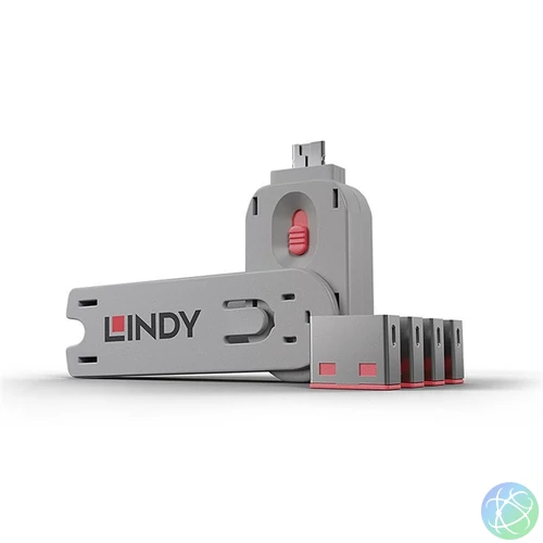 LINDY Dugó biztonsági, Port Blocker, USB + kulcs, rózsaszín (4db dugó + 1db kulcs)