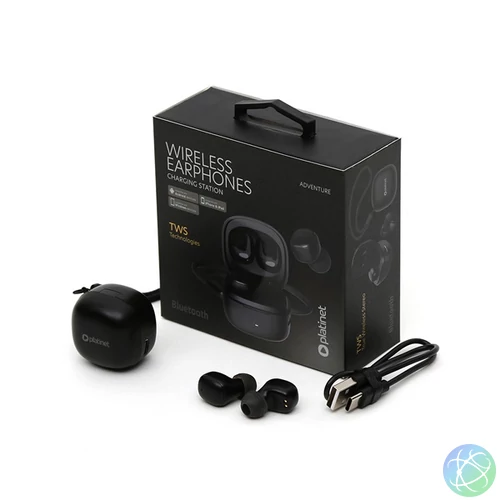 PLATINET Fülhallgató + töltőállomás, Bluetooth V5.3, 25mAh + 180 mAh, fekete