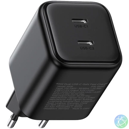 UGREEN hálózati töltő, Dual, 45W, 2x USB-C, PD 3.0, GaN, fekete
