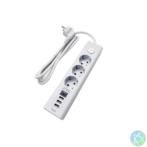 WELL Hálózati elosztó 3-as, 3x USB-A, 1x USB-C, 3m, fehér