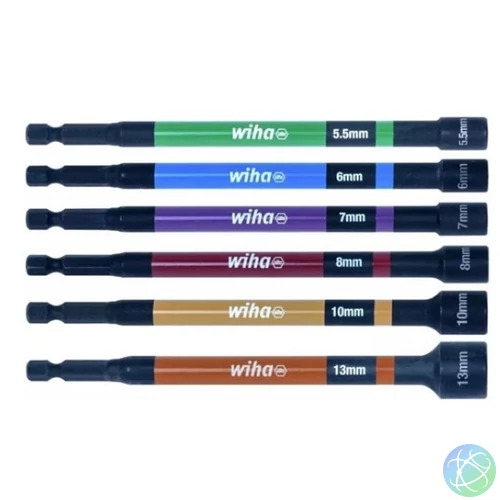 WIHA mágneses hatlapú bit-dugókulcs (dugókulcs betét) készlet, 1/4”, 6 részes, színkódolt, 47035
