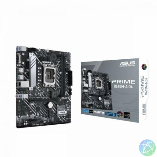 Asus Alaplap - Intel PRIME H610M-A D4 s1700 (H610, 2xDDR4 3200MHz, 4xSATA3, 2xM.2, HDMI+DP+VGA)
