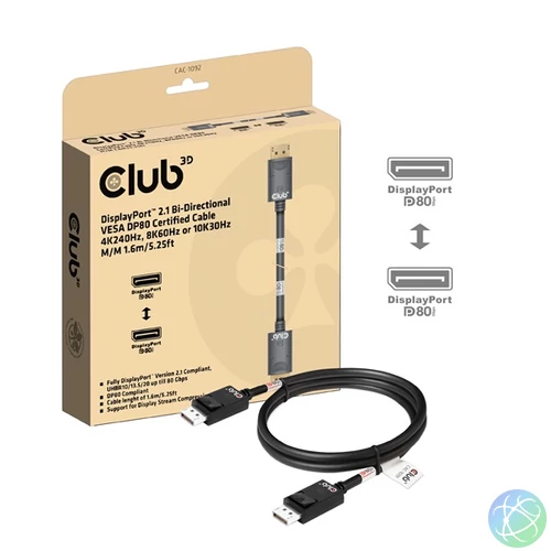 Club 3D Kábel - CAC-1092 (DisplayPort 2.1, DP80, 8K240Hz, 1.6m, Bi-Directional, M/M)