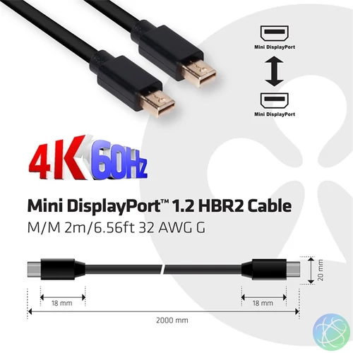 Club 3D Kábel - CAC-2161 (Mini DisplayPort 1.2 M/M, 4K60Hz, HBR2, 2m)