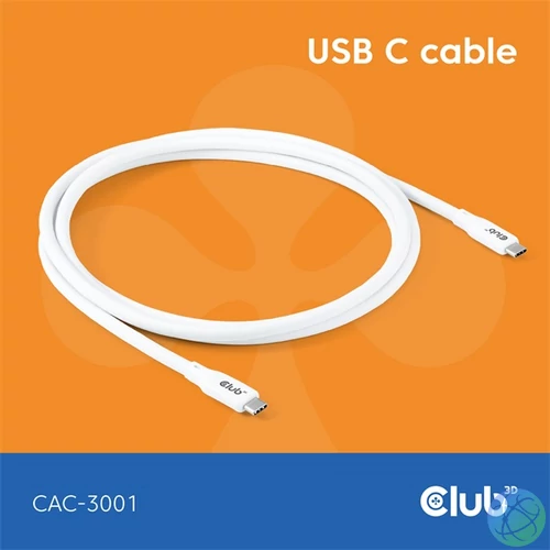 Club 3D Kábel - CAC-3001 (USB-C, PD 240W, 20Gbps, 4K60Hz, fehér, M/M, 2m)