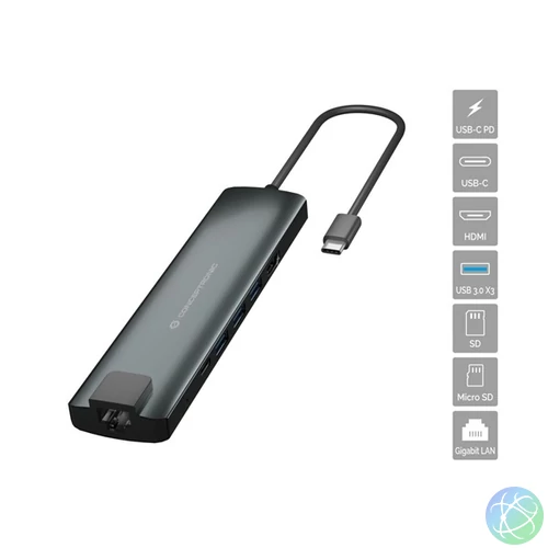Conceptronic Notebook Dokkoló - DONN06G (USB-C to HDMI+USB-C PD:60W+USB-A+SD/TF+RJ-45, fekete)