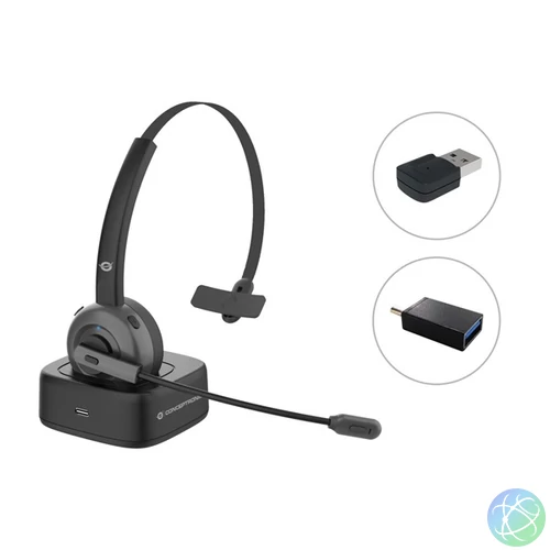 Conceptronic Vezeték nélküli Fejhallgató - POLONA03BDA (BT+ USB adapter, hangerőszabályzó, felhajtható mikrofon, fekete)