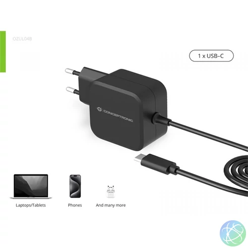 Conceptronic Univerzális Töltő adapter - OZUL04BE (USB-C, 67W, 3,3-21V, fekete, 1,8m)