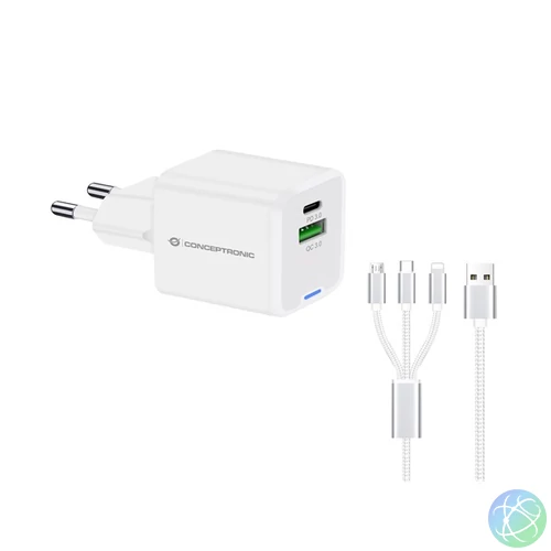 Conceptronic telefon töltő adapter+kábel - ALTHEA16W (USB-C+USB-A, 33W, 3in1 töltő kábel, fehér)