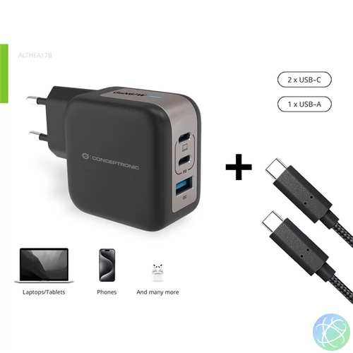 Conceptronic telefon töltő adapter+kábel - ALTHEA17B (2xUSB-C+USB-A, 67W, USB-C töltő kábel, fekete)