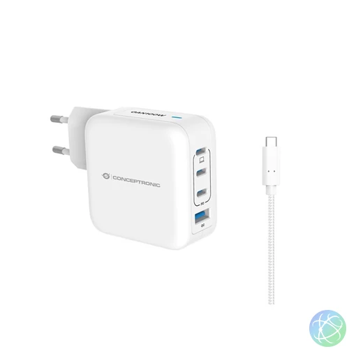 Conceptronic telefon töltő adapter+kábel - ALTHEA18W (3xUSB-C+USB-A, 100W, USB-C töltő kábel, fehér)