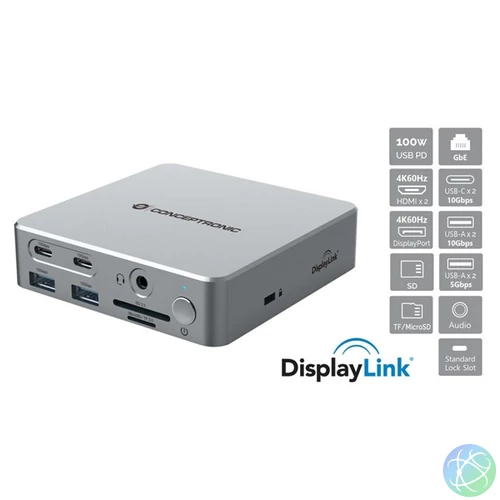Conceptronic Notebook Dokkoló - DONN25G (USB-C to HDMI/DP/USB-C PD/USB-A/SD/TF/RJ45/Audio)