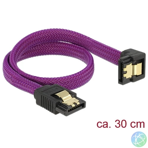 Delock Kábel - 83695 (SATA3, egyenes/lefelé 90fok, csatl.(fémlappal) Max.: 6Gb/s, lila, 0.3m)