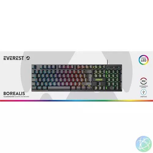 Everest Gamer Billentyűzet - KB-188 Borealis Rainbow (Numpad, USB, fekete, magyar, RGB LED)